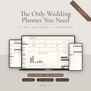 May include: A digital wedding planner template displayed on a laptop, tablet, and smartphone. The interface features brown and beige tones, 27 tabs, an auto-budget tool, and 6 colourways. Text includes "The Only Wedding Planner You Need" and "GLOPE CO."