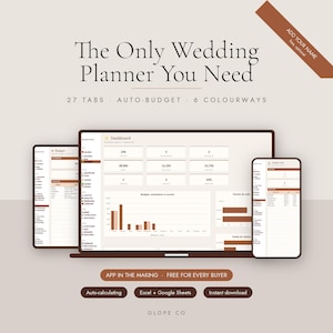 Könnte beinhalten: Eine digitale Hochzeitsplaner-Vorlage auf Laptop, Tablet und Smartphone. Die Benutzeroberfläche zeigt braune und beige Farbtöne, Diagramme, Budget-Tracker und 27 Reiter. Text: "The Only Wedding Planner You Need", "ADD YOUR NAME", "AUTO-BUDGET", "6 COLOURWAYS", "APP IN THE MAKING", "Auto-calculating", "Excel + Google Sheets", "Instant download" und "GLOPE CO".
