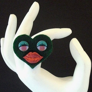 Green Sweet Heart Ring Funky Felt Flowers Cocktail Ring image 2