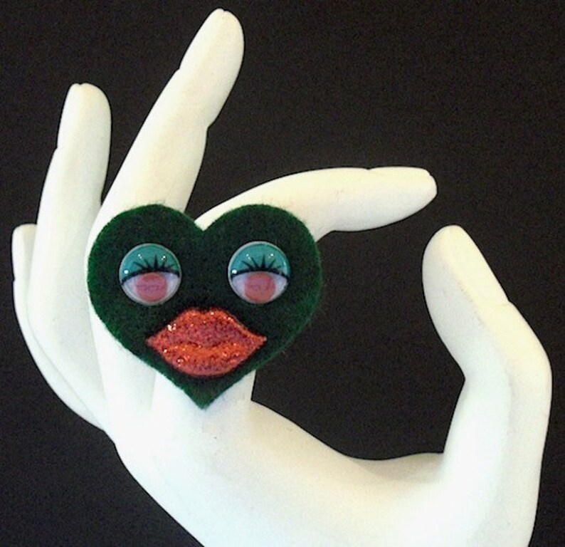 Green Sweet Heart Ring Funky Felt Flowers Cocktail Ring image 2