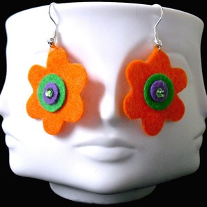 Mini Orange Funky Felt Flowers Earrings image 4