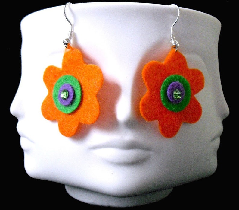 Mini Orange Funky Felt Flowers Earrings image 4