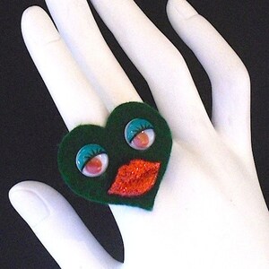 Green Sweet Heart Ring Funky Felt Flowers Cocktail Ring image 1