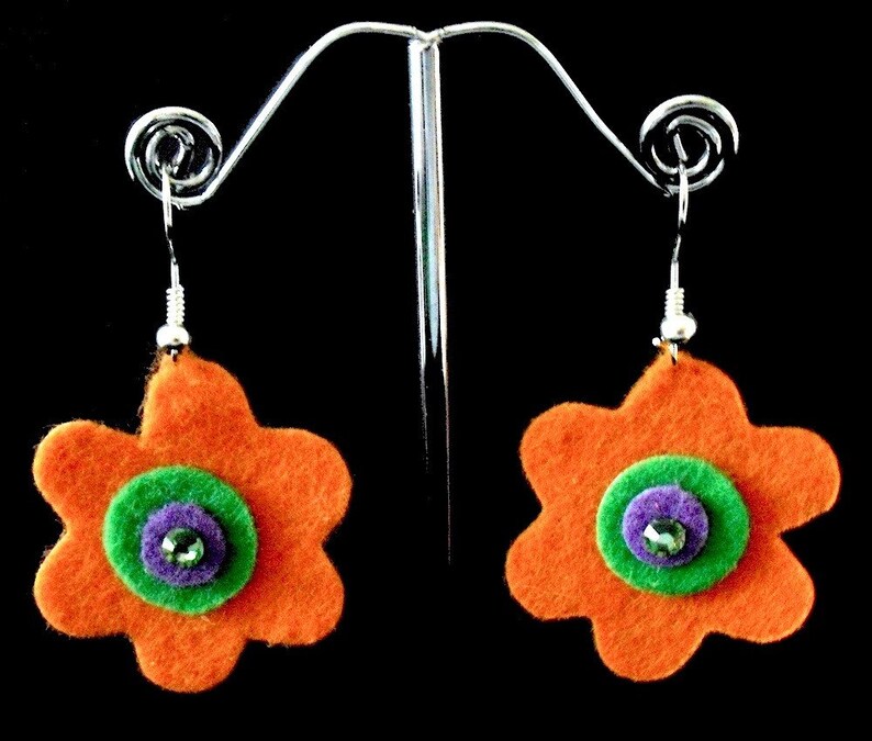 Mini Orange Funky Felt Flowers Earrings image 1