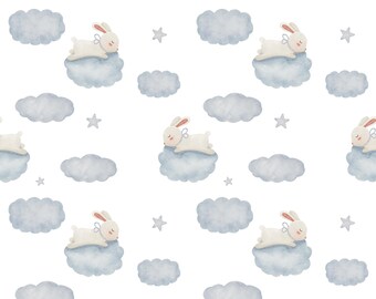 Watercolor Sleeping Bunny Digital Paper, Cloud Nursery Pattern, Baby Shower Background, Seamless Repeat Pattern