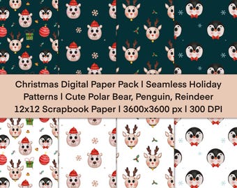 Digitalt julpapperspaket | Sömlösa högtidsmönster | Isbjörn, pingvin, ren | Scrapbook- och tygdesign