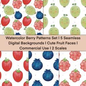 Può includere: Set di motivi a bacca ad acquerello con sfondi digitali senza cuciture. Il design presenta fragole, mirtilli, lamponi e frutti verdi con facce sorridenti su sfondo bianco. Testo: Watercolor Berry Patterns Set | 5 Seamless Digital Backgrounds | Cute Fruit Faces | Commercial Use | 2 Scales.