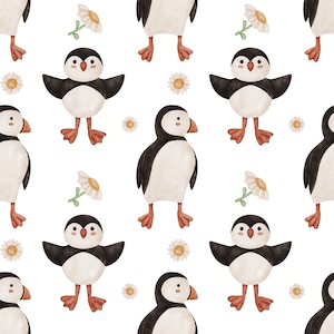 May include: Watercolor pattern featuring puffins in black, white, and brown, with orange beaks and feet. The design includes daisies and is set against a white background. The puffins are in various poses.