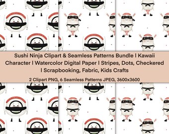 May include: A repeating pattern of cartoon sushi characters and sushi ninja characters on a white background. The sushi characters have black eyes and mouths, and the ninja characters wear black headbands. The image includes text.