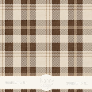 Può includere: Un motivo a quadri senza cuciture nei toni del marrone e beige. Il design presenta una classica griglia di linee intersecanti, creando un effetto a scacchiera. Il testo "Seamless Pattern File" e "Nanny design" sono visibili.