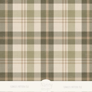 Puede incluir: Un patrón de cuadros sin costuras en tonos beige, verde oliva y marrón. El diseño presenta una cuadrícula clásica de líneas que se cruzan, creando un efecto texturizado. El texto "Nanny design" y "SEAMLESS PATTERN FILE" son visibles.