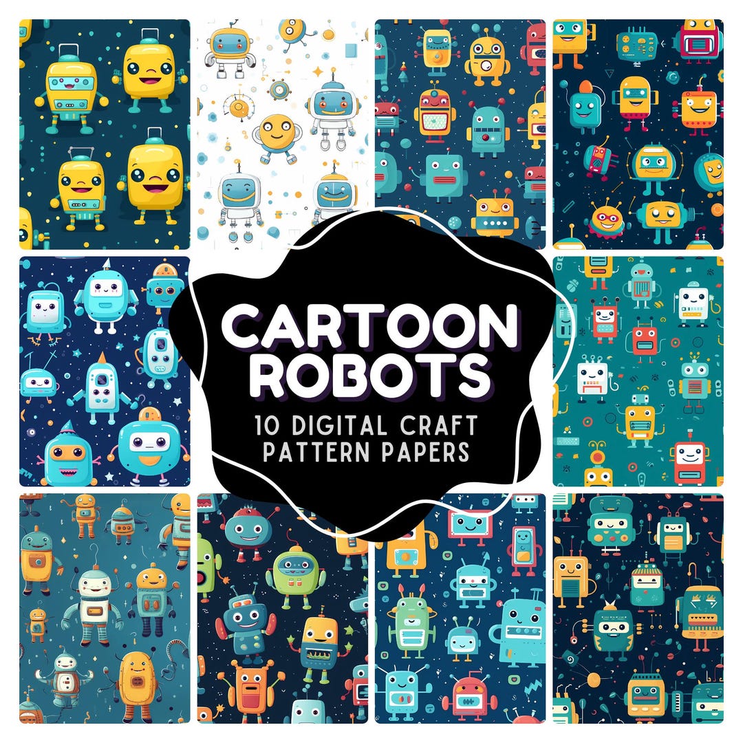 Fun Robot Patterns Cartoon Robot Patterns Instant Download Art: Colourful Robots Inspired ...
