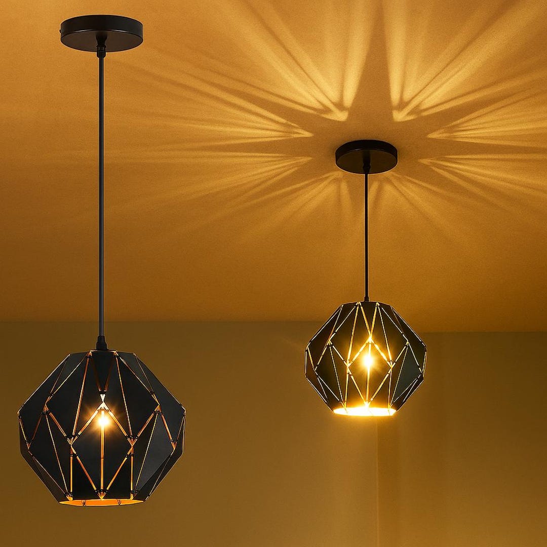 Industrial Diamond Cage Pendant Light: Black & Gold Farmhouse Fixture ...