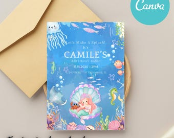 May include: A blue mermaid-themed invitation card with the text "Let's Make A Splash!" and "CAMILE'S BIRTHDAY BASH". The design includes illustrations of sea creatures and the words "Instant download!"
