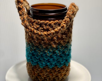 Crochet Mason Jar Carrier Tote with Handle 32 oz. QUART Size - Beverage Jar Hot and Cold - by Knotty Monkey - Hydroponic Jar Cover