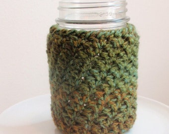 Crochet Mason Jar Cover - Rainforest Green Tan Brown 16 oz. PINT Size Gift for Him, Hubby, Boyfriend Beverage Jar Cozy, Back to School