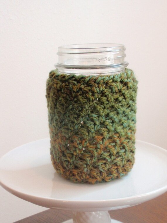 Crochet Mason Jar Cover - Rainforest Green Tan Brown 16 oz. PINT Size Gift for Him, Hubby, Boyfriend Beverage Jar Cozy, Back to School