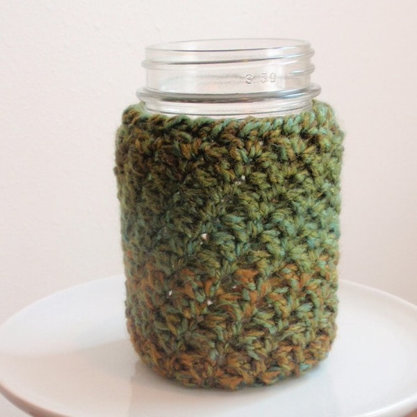 Crochet Mason Jar Cover - Rainforest Green Tan Brown 16 oz. PINT Size Gift for Him, Hubby, Boyfriend Beverage Jar Cozy, Back to School