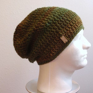 Crochet Slouch Hat Brown Beanie, Man Beanie, Womens Hat, Olive Green Brown Striped, Slouchy Boho Beanie, Men's Fashion, Fall Apparel