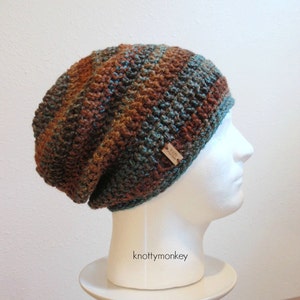 Crochet Slouch Hat Brown Beanie, Mens Beanie, Womens Hat, Blue and Brown Striped, Mens Slouch Beanie, Mens Fashion, Fall Apparel