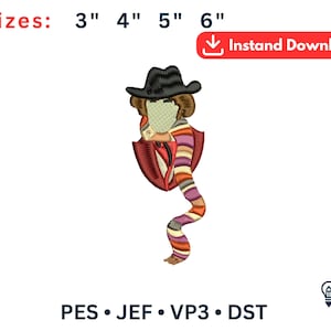 May include: An embroidered design featuring a figure with a black hat, striped scarf, and a red shield-like element. The design is available in 4 sizes: 3", 4", 5", and 6". The image also includes the text "Instant Download" and file type information.