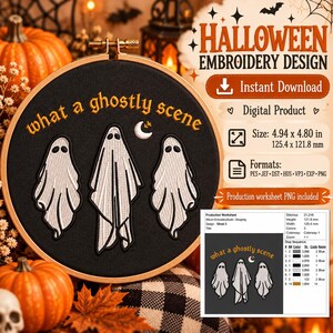 May include: A round wooden embroidery hoop containing black fabric with three white ghost figures and a small crescent moon stitched in white and yellow thread. The text "what a ghostly scene" is embroidered in yellow above the ghosts.