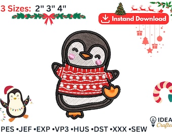 Christmas Penguin Embroidery Design – Holiday Machine Embroidery File – Winter Animal Pattern – Instant Download
