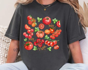 Komfortfärger tomatskjorta, fruktskjorta, botanisk skjorta, Cottagecore Clothing vegansk skjorta, trädgårdskjorta, grönsakskjorta, estetiska kläder