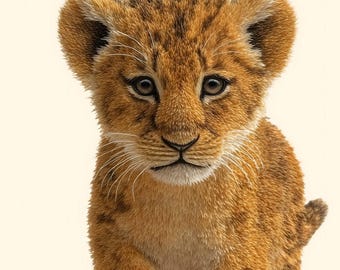 May include: A detailed illustration of a lion cub with soft, orange-brown fur. The cub is depicted walking forward, with one paw raised. The background is a soft, off-white color, highlighting the cub's features.