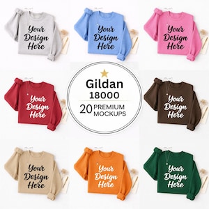 Mockupbundel Gildan 18000-sweatshirt | 20 platliggende mockups met ronde hals | Minimale neutrale esthetiek | PNG JPG | POD en Etsy