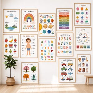 Puede incluir: Una colección de doce pósteres educativos de pared con ilustraciones coloridas del ciclo del agua, arcoíris, sistema solar, días de la semana, formas 2D, frutas, cuerpo humano, alfabeto, conteo hasta 20, reloj, estaciones y medios de transporte.