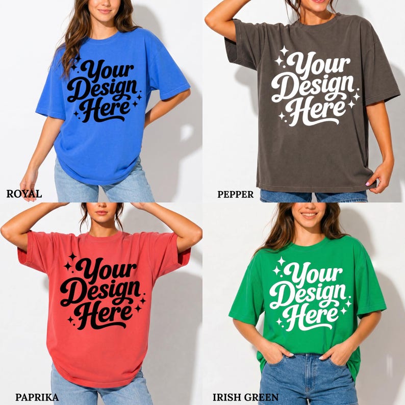 May include: Four different colored t-shirts: royal blue, pepper, paprika, and Irish green. Each shirt has the text "Your Design Here" in a stylized font. The shirts are short-sleeved and appear to be made of a soft material.