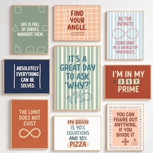 May include: A collection of nine rectangular wall art prints featuring math-themed quotes and illustrations in various colors including sage green, navy blue, terracotta, and light blue, with text such as Find Your Angle and The Limit Does Not Exist.