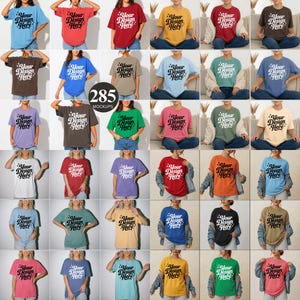 Pode incluir: Uma cole&ccedil;&atilde;o de 285 camisetas em v&aacute;rias cores s&oacute;lidas, cada uma com o texto Your Design Here impresso em preto ou branco no peito. As camisetas s&atilde;o exibidas em formato de grade, mostrando diferentes tons, incluindo azul, vermelho, amarelo, marrom e verde.