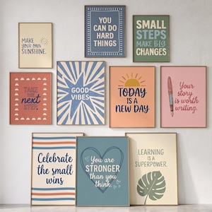 Paquete de láminas motivacionales para pared, láminas con frases inspiradoras, arte mural positivo, pósteres imprimibles, decoración colorida para el hogar y la oficina, descarga digital.