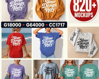 Pode incluir: Uma coleção de camisetas e moletons em várias cores, incluindo roxo, laranja, vermelho, azul, branco e verde, todos com o texto Your Design Here em branco ou preto com estrelas, ao lado de um gráfico circular vermelho com 820+ MOCKUPS.