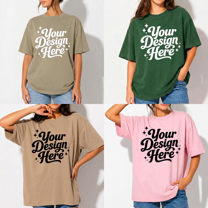 May include: Four oversized t-shirts in different colors: olive green, dark green, tan, and pink. Each shirt has the text "Your Design Here" in a script font with star accents. The shirts are worn by people in blue jeans.