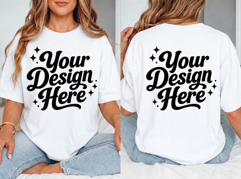 May include: White t-shirt with the text "Your Design Here" in a black, cursive font. The design is on the front and back of the shirt. The shirt is a casual style, suitable for custom designs.