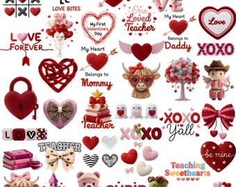 Valentine Day Faux Yarn PNG Bundle, Cute Coquette Valentine Clipart, Crochet Hearts Teddy Bear Highland Cow Cupid Love XOXO Sublimation
