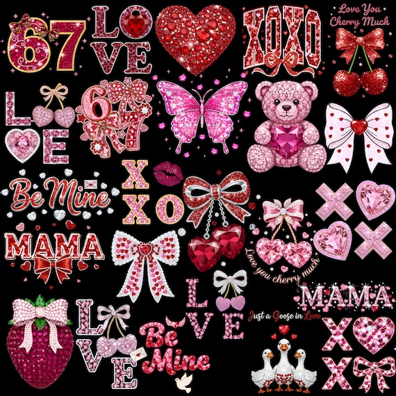 Valentine Rhinestone PNG Bundle, Bling, Heart Bow Love Mama Designs, Sparkly Valentine Sublimation PNG, Digital Download
