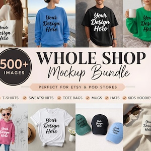 Pode incluir: Imagem promocional mostrando uma variedade de roupas e acessórios. Os itens em destaque incluem camisetas, moletons, sacolas, canecas, chapéus e um moletom com capuz infantil. Cada item exibe o texto "Your Design Here". A imagem também inclui o texto "WHOLE SHOP Mockup Bundle".