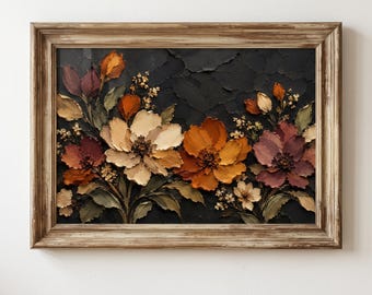 May include: A rectangular wall art piece featuring a thick impasto oil painting of flowers in shades of cream, orange, and deep red against a textured black background, enclosed in a weathered light brown wooden frame with a distressed finish.