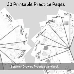 Op de afbeelding: Een set van 30 printbare oefenpagina's voor een tekenwerkboek voor beginners. De witte pagina's bevatten zwarte tekst en lijntekening-oefeningen gelabeld van Dag 01 tot Dag 12, inclusief lijncontrole, gebogen lijnen, vormen en arceringstechnieken.
