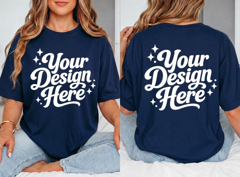 May include: Navy blue t-shirt with the text "Your Design Here" in white script. The design is on the front and back of the shirt. The shirt is a comfortable, casual style.