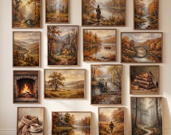Könnte beinhalten: Eine Galerie-Wand mit vierzehn gerahmten Kunstdrucken, die herbstliche Landschaften, gemütliche Hütten, einen Steinkamin, eine Holzbrücke, einen Bücherstapel mit Federkiel sowie einen Schal mit Teetasse in warmen Orange- und Brauntönen zeigen.