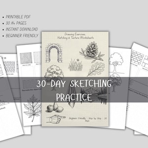 Cahier d'exercices de dessin sur 30 jours, exercices de dessin, feuilles de travail sur les hachures et les textures, PDF pour débutants
