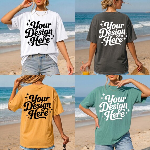 Comfort Colors 1717 Inspired Front & Back Mockup Bundle | 80 Summer Oversized TShirt Mockups | Beach Lifestyle Tee | Canva POD Mockup