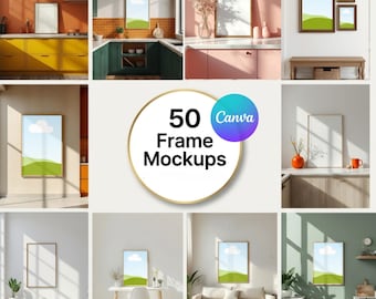 Puede incluir: Una colección de maquetas de arte enmarcadas en varios entornos interiores. La imagen muestra arte enmarcado en cocinas, salas de estar y otros espacios. La imagen central presenta un gráfico circular con el texto "50 Frame Mockups" y el logotipo de Canva.