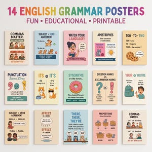Puede incluir: Un conjunto de 14 pósteres de gramática inglesa con ilustraciones educativas y texto. Los temas incluyen comas, concordancia sujeto-verbo, apóstrofes, homófonos, sinónimos, signos de puntuación y preposiciones para el aprendizaje.