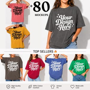 May include: A variety of colorful t-shirts are displayed, each featuring the text "Your Design Here" in a stylized font. The shirts come in various colors, including red, yellow, gray, burgundy, blue, and green. The image also includes the text "+80 MOCKUPS" and "TOP SELLERS".